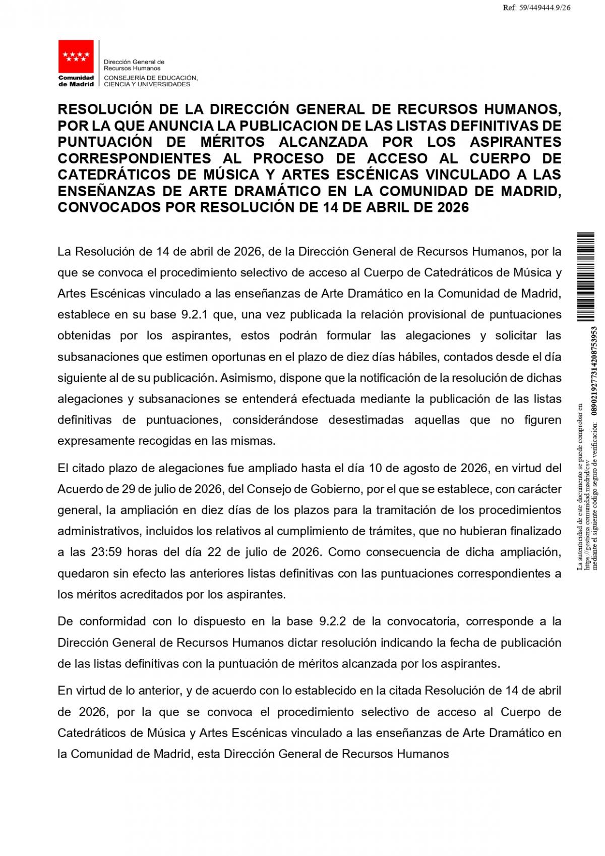 Anuncio de publicación de la lista definitiva de puntuación de méritos