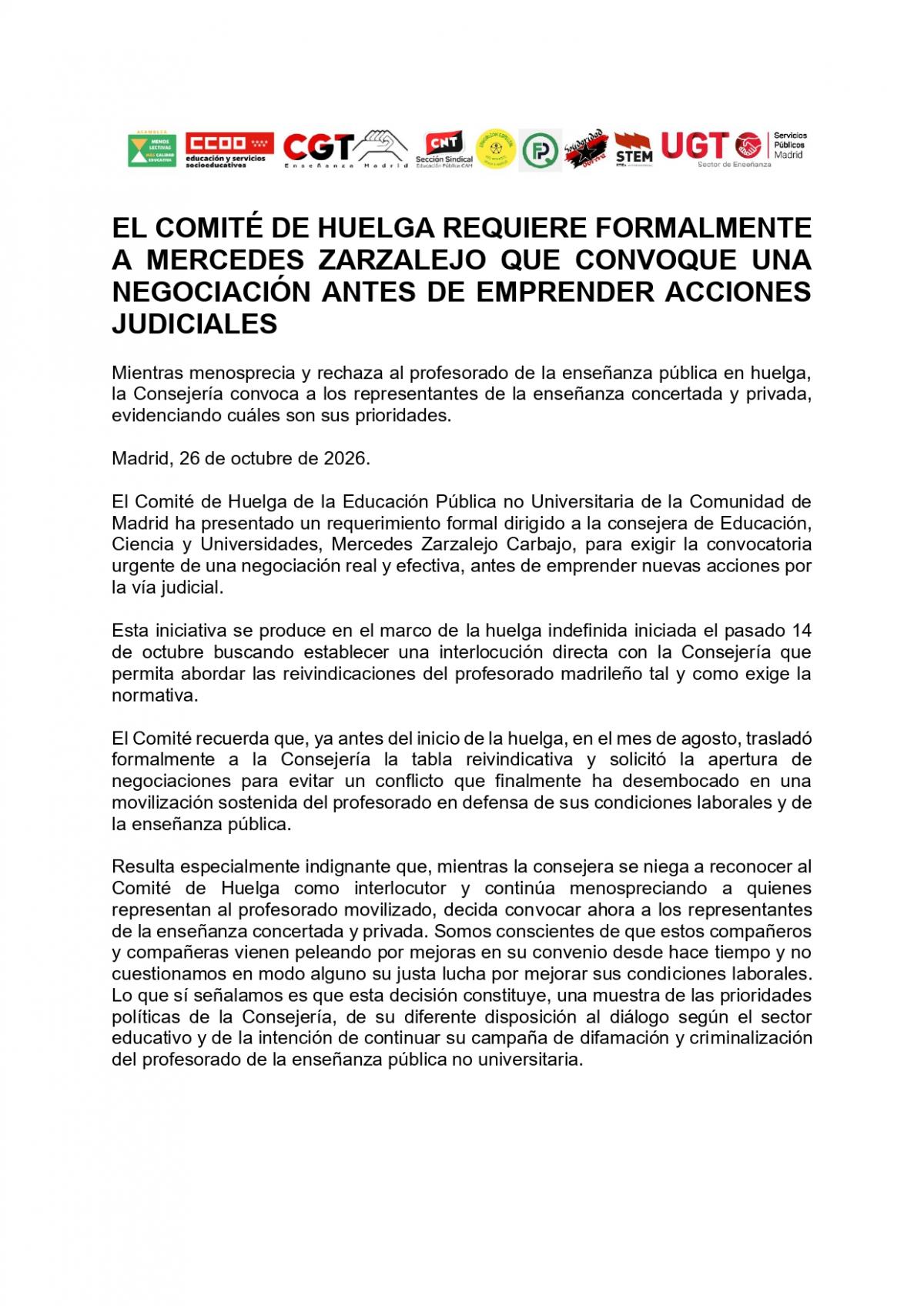 EL COMITÉ DE HUELGA REQUIERE FORMALMENTE A MERCEDES ZARZALEJO QUE CONVOQUE UNA NEGOCIACIÓN ANTES DE EMPRENDER ACCIONES JUDICIALES