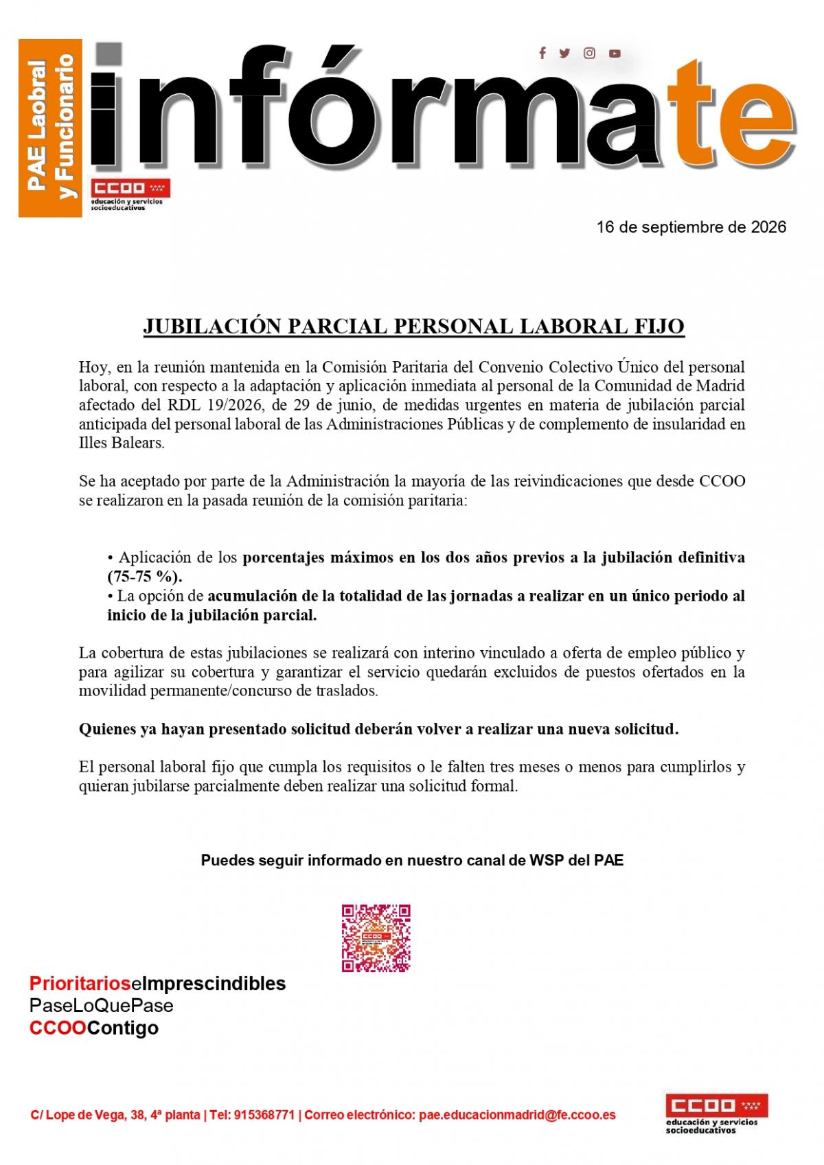 InfórmaTE: NOVEDADES JUBILACIÓN PARCIAL PERSONAL LABORAL FIJO – CCOO Educación Madrid