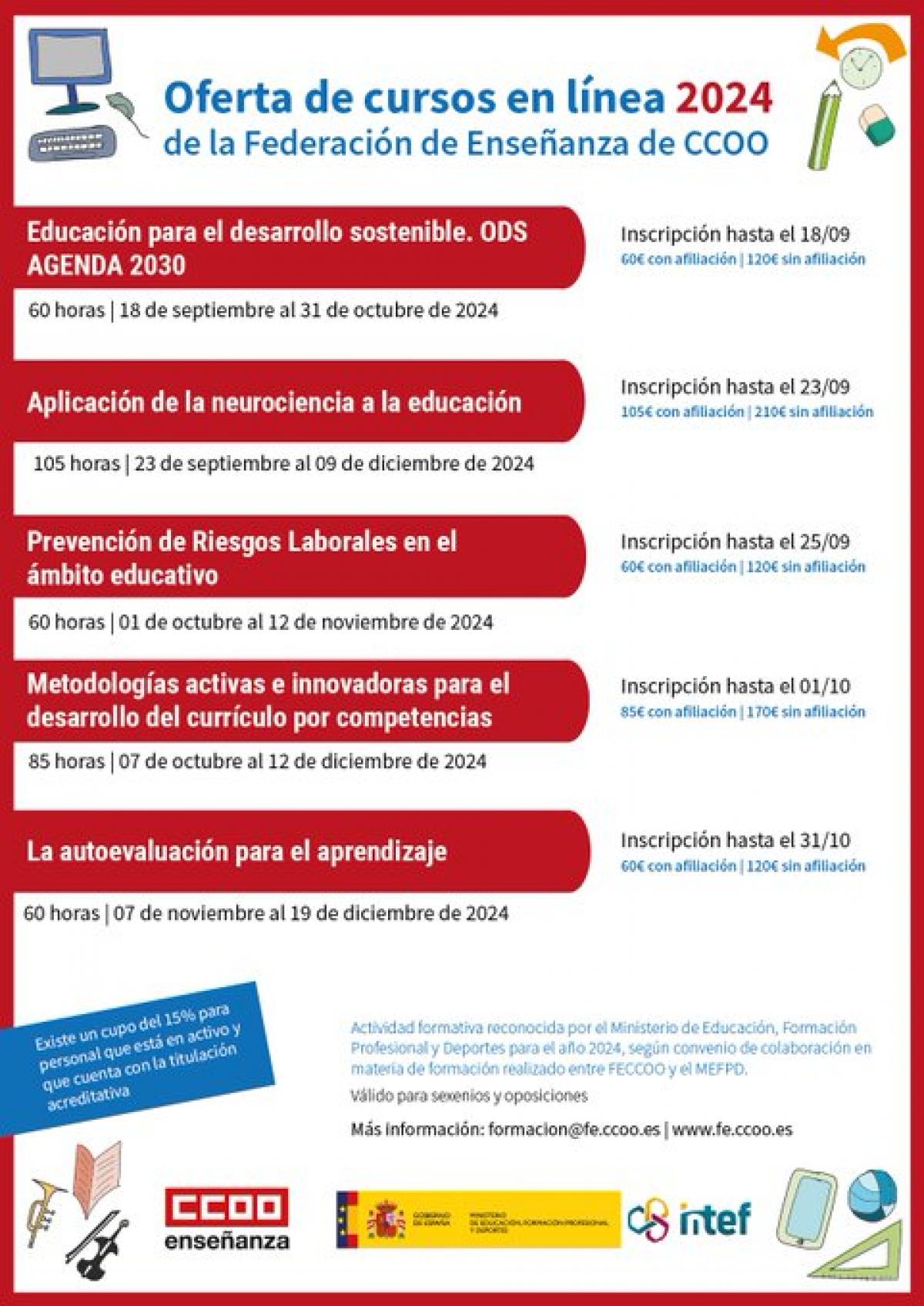 Oferta de cursos en lnea 2024 de la Federacin de Enseanza de CCOO