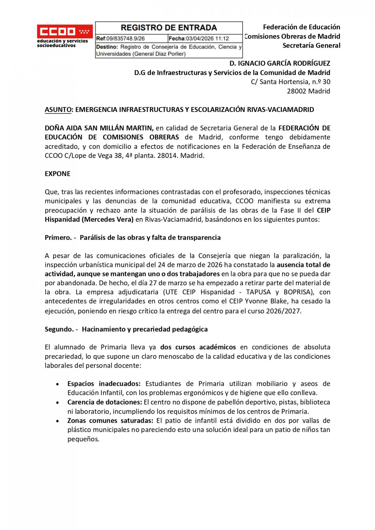 EMERGENCIA INFRAESTRUCTURAS Y ESCOLARIZACIÓN RIVAS-VACIAMADRID