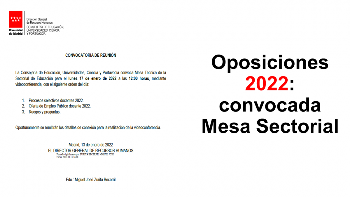 Oposiciones 2022: convocada Mesa Sectorial 17 enero 2022