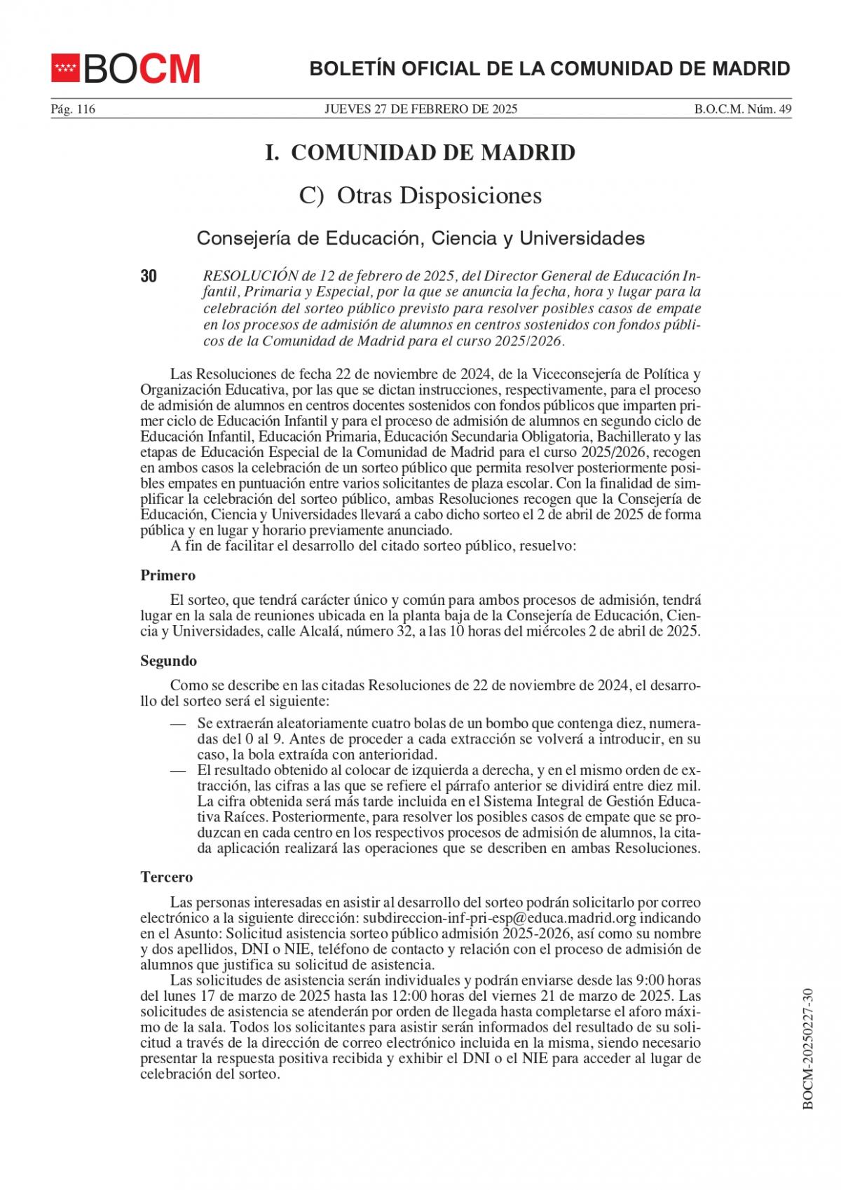 RESOLUCIN de 12 de febrero de 2025, del Director General de Educacin Infantil, Primaria y Especial