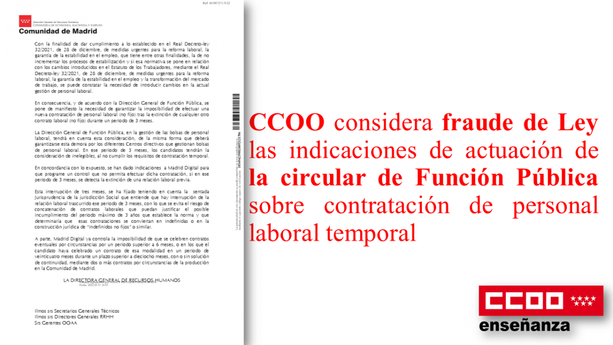 CCOO considera fraude de Ley las indicaciones de actuación de la circular de Función Pública