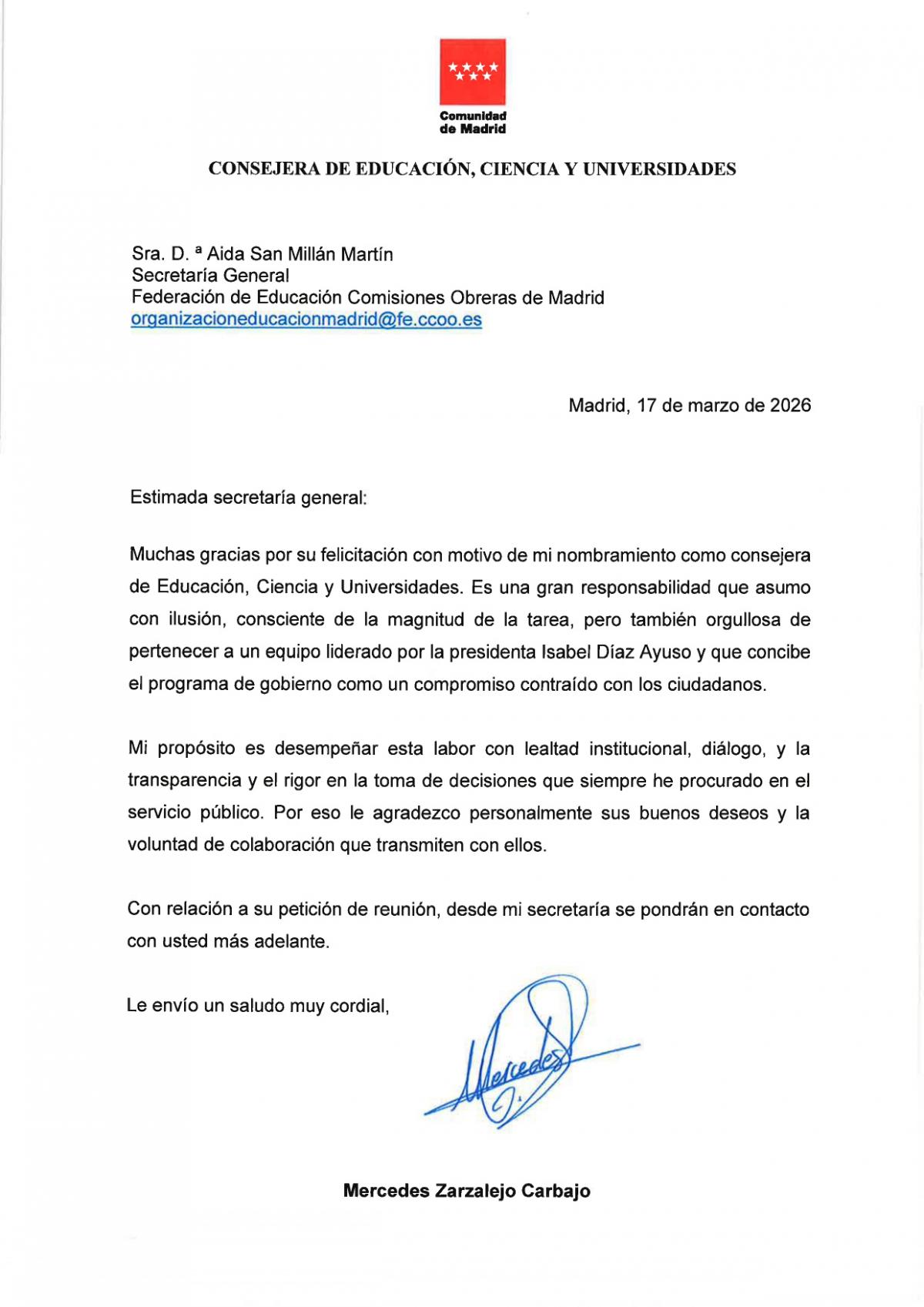 Respuesta de la Consejera de Educación a la solicitud de una reunión urgente