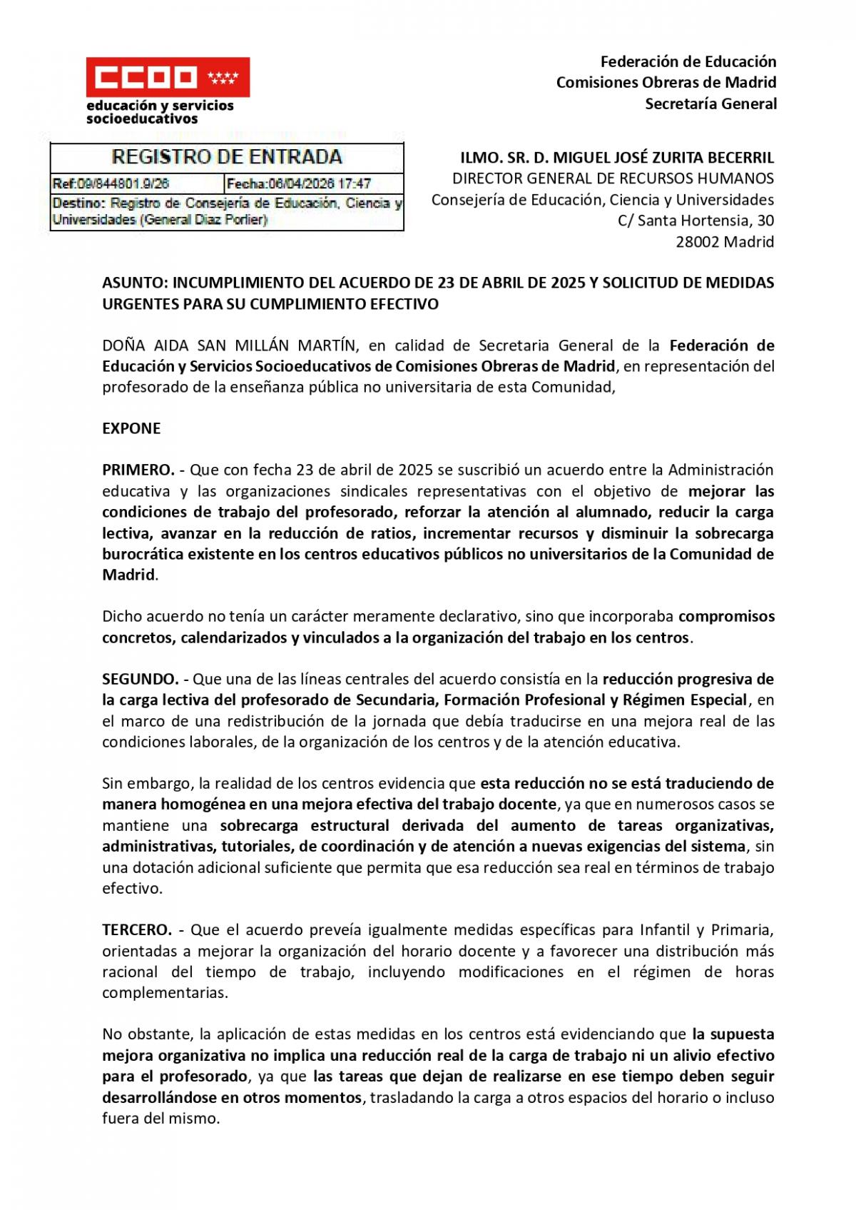 INCUMPLIMIENTO DEL ACUERDO DE 23 DE ABRIL DE 2025 Y SOLICITUD DE MEDIDAS URGENTES PARA SU CUMPLIMIENTO EFECTIVO