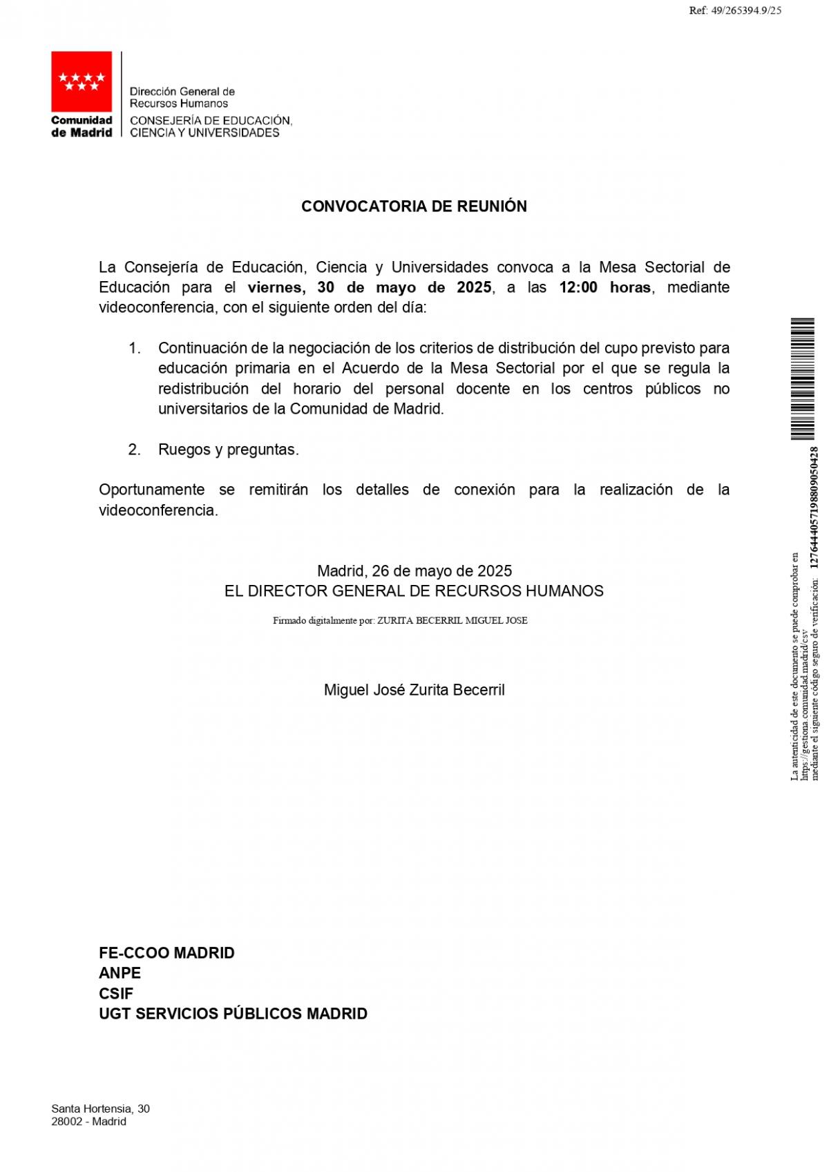 Convocatoria Mesa Sectorial 30 de mayo 2025