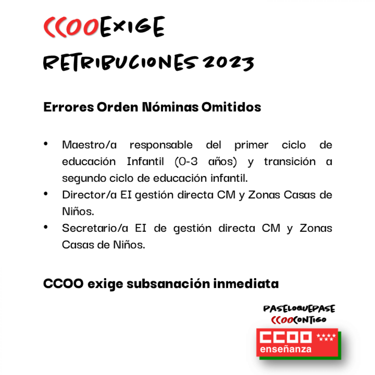 CCOO detecta omisiones en la Orden de Nóminas 2023 y solicita su subsanación