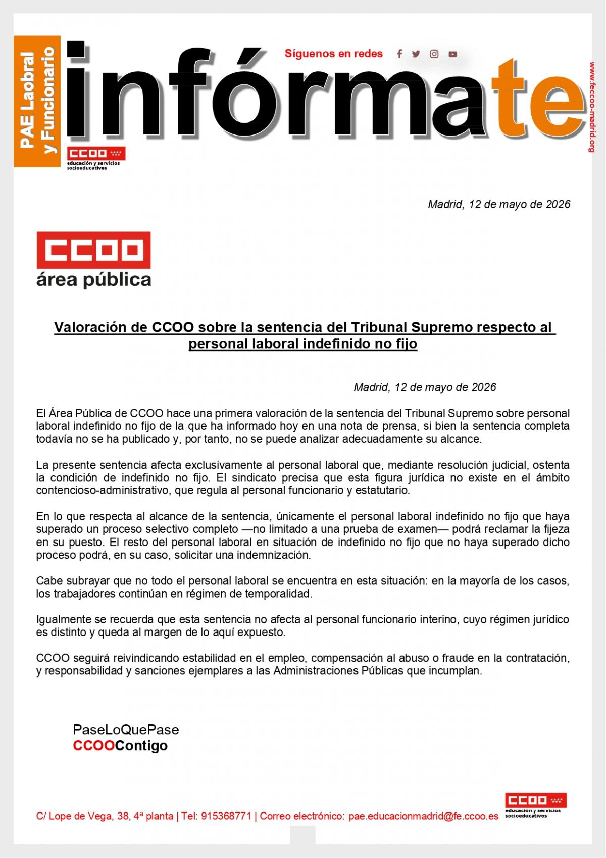 Valoración de CCOO