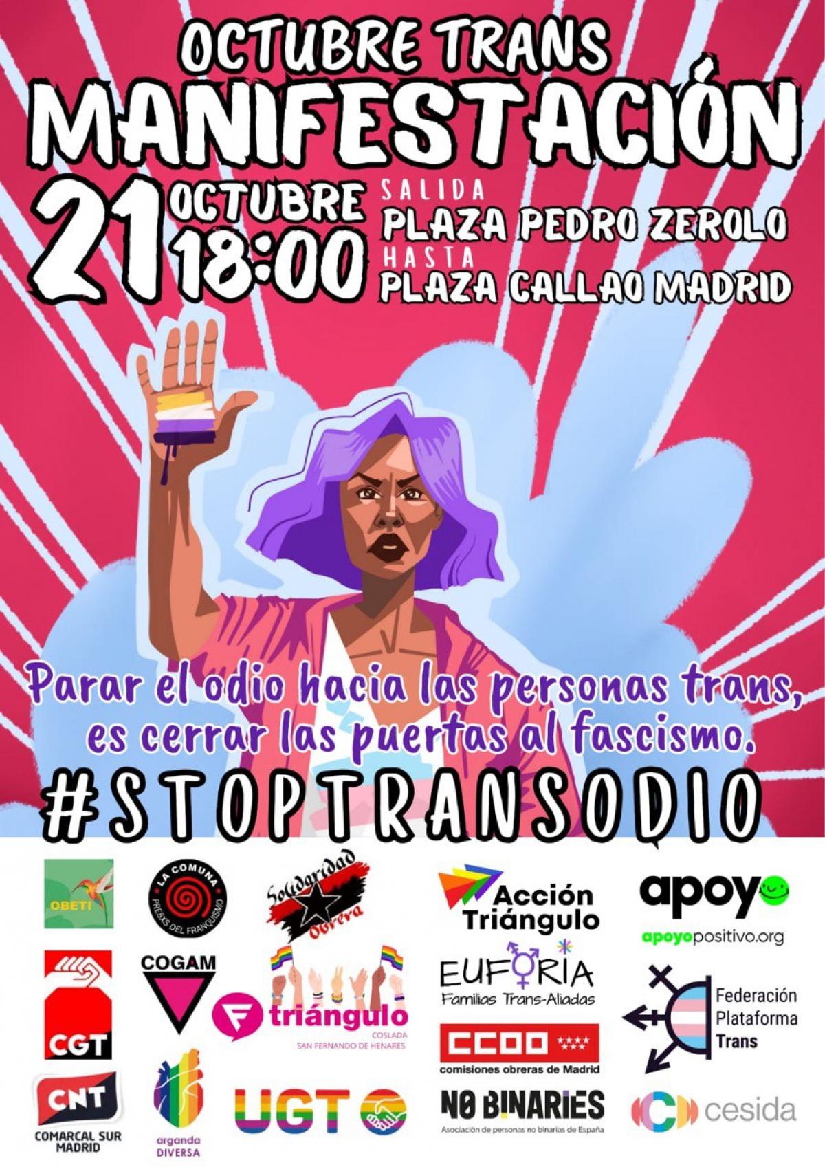 Cartel manifestacin #StopTransOdio 21 de octubre 2023