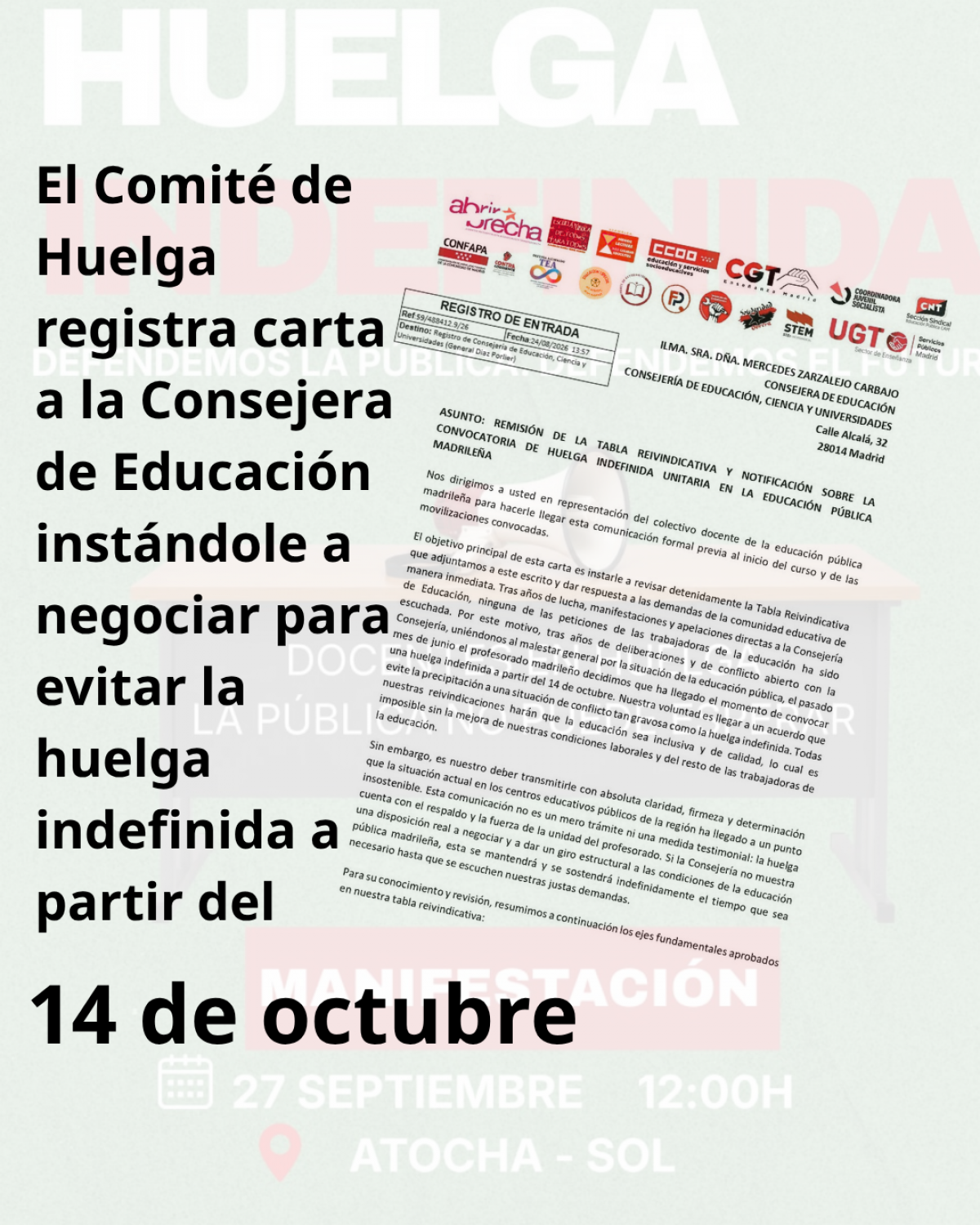 El Comité de Huelga registra carta a la Consejera de Educación instándole a negociar