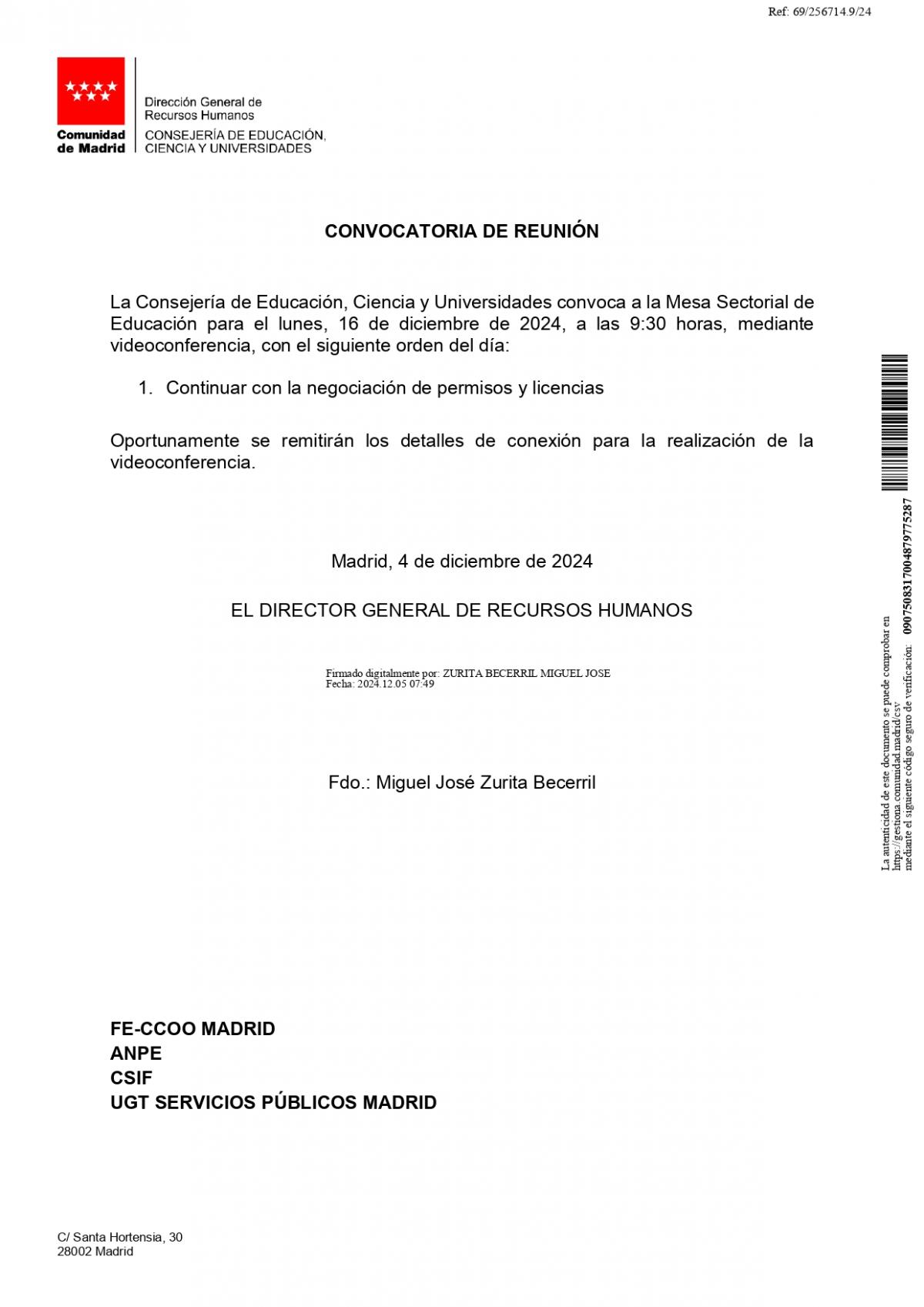 Convocada Mesa Tcnica de la Sectorial de Educacin