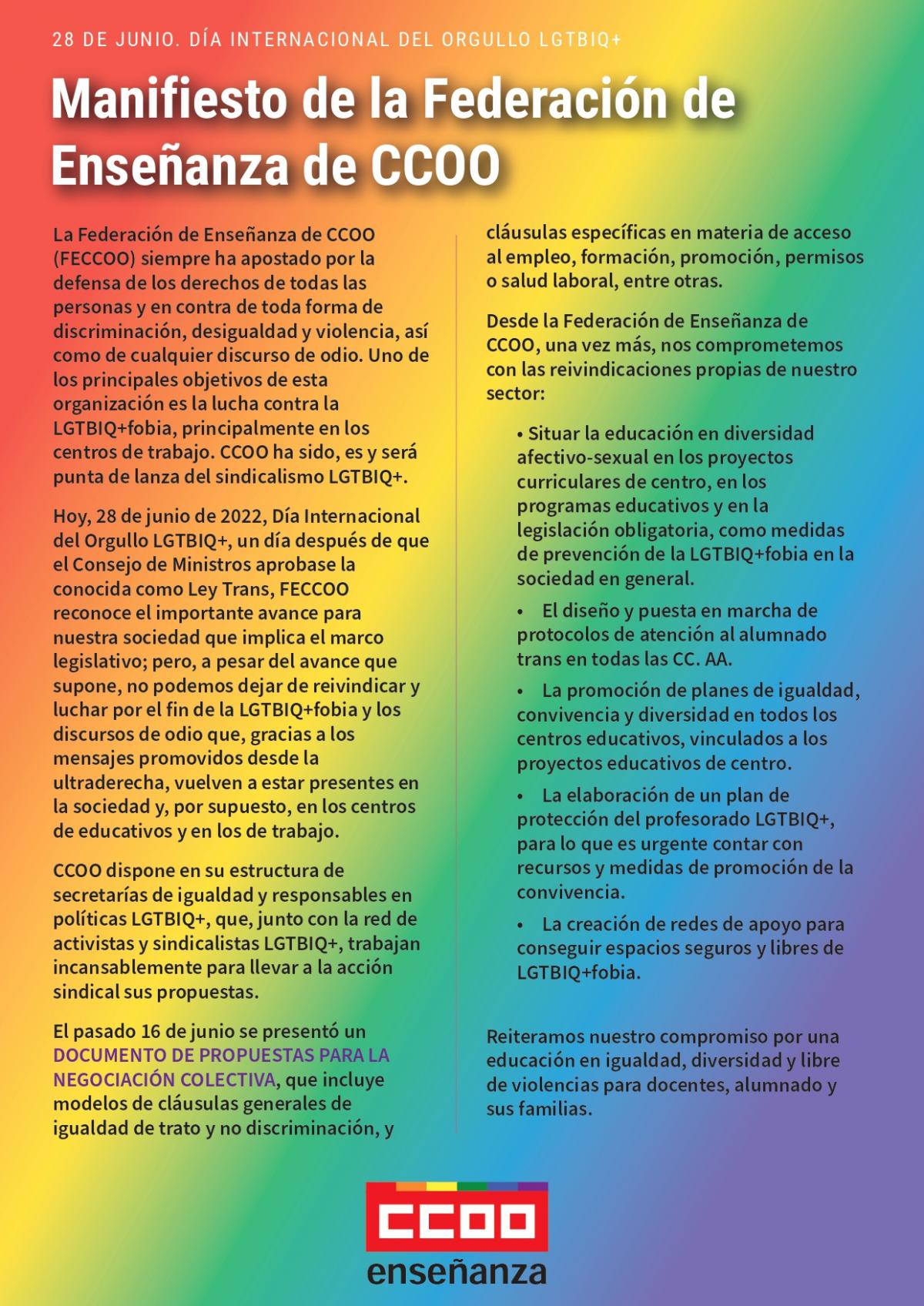Manifiesto de la Federación de Enseñanza de CCOO
