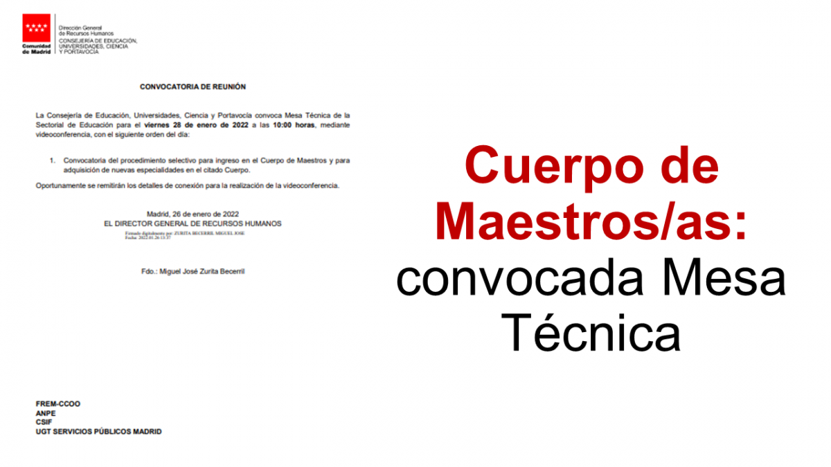 Cuerpo de Maestros/as: convocada Mesa Técnica de la Sectorial