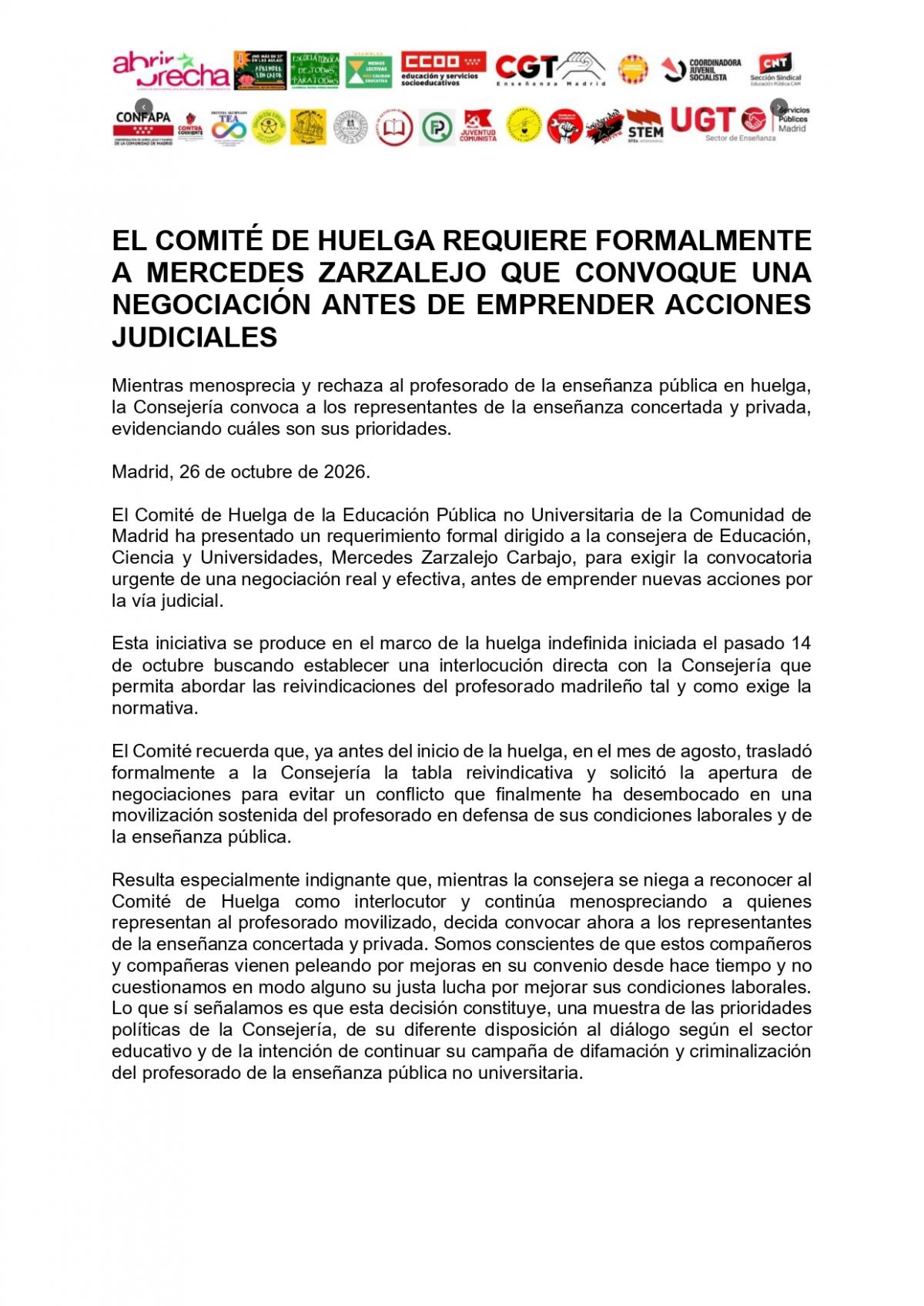 EL COMITÉ DE HUELGA REQUIERE FORMALMENTE A MERCEDES ZARZALEJO QUE CONVOQUE UNA NEGOCIACIÓN ANTES DE EMPRENDER ACCIONES JUDICIALES