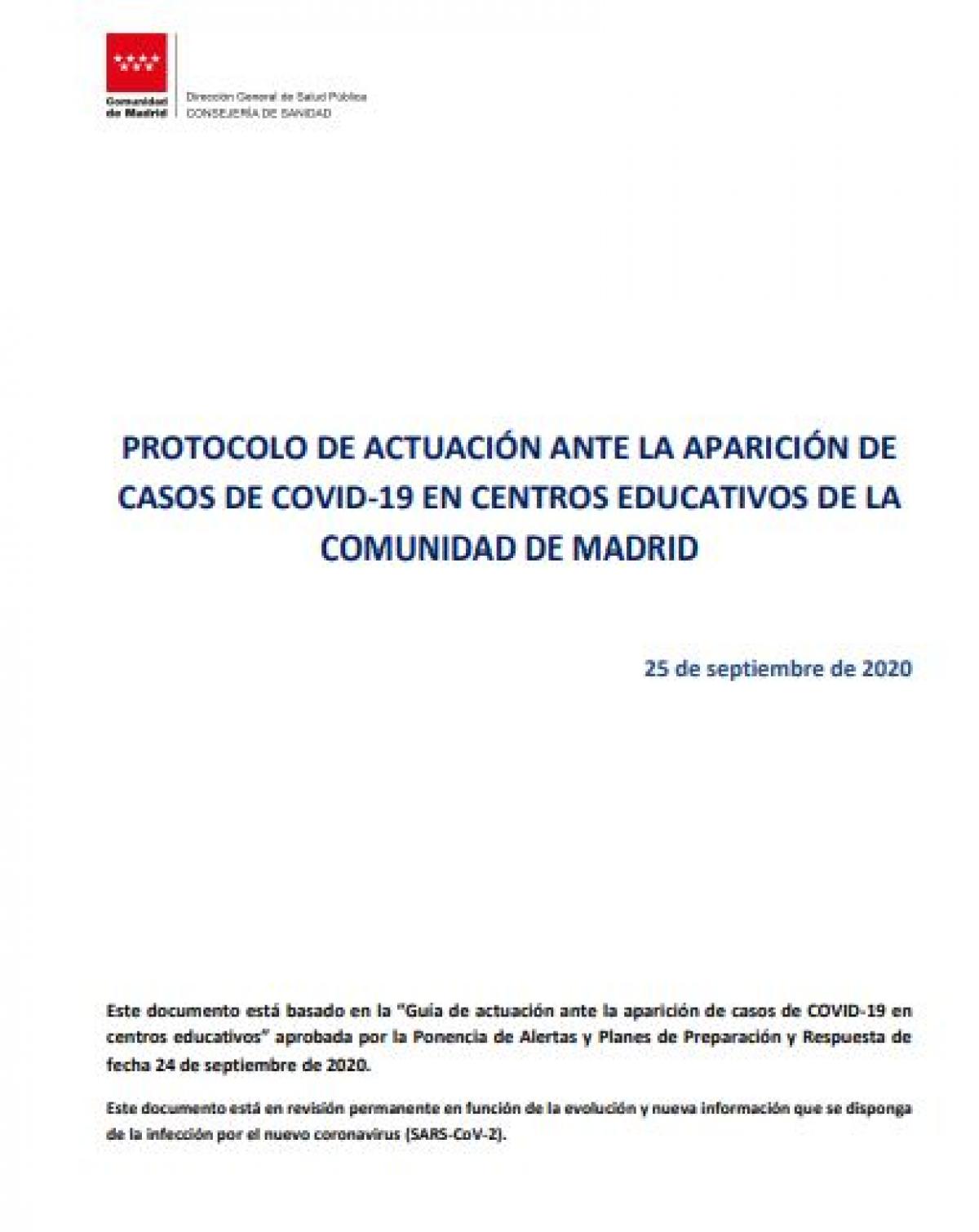 Protocolo de actuación ante la aparición de casos de covid-19 en centros educativos de la Comunidad de Madrid